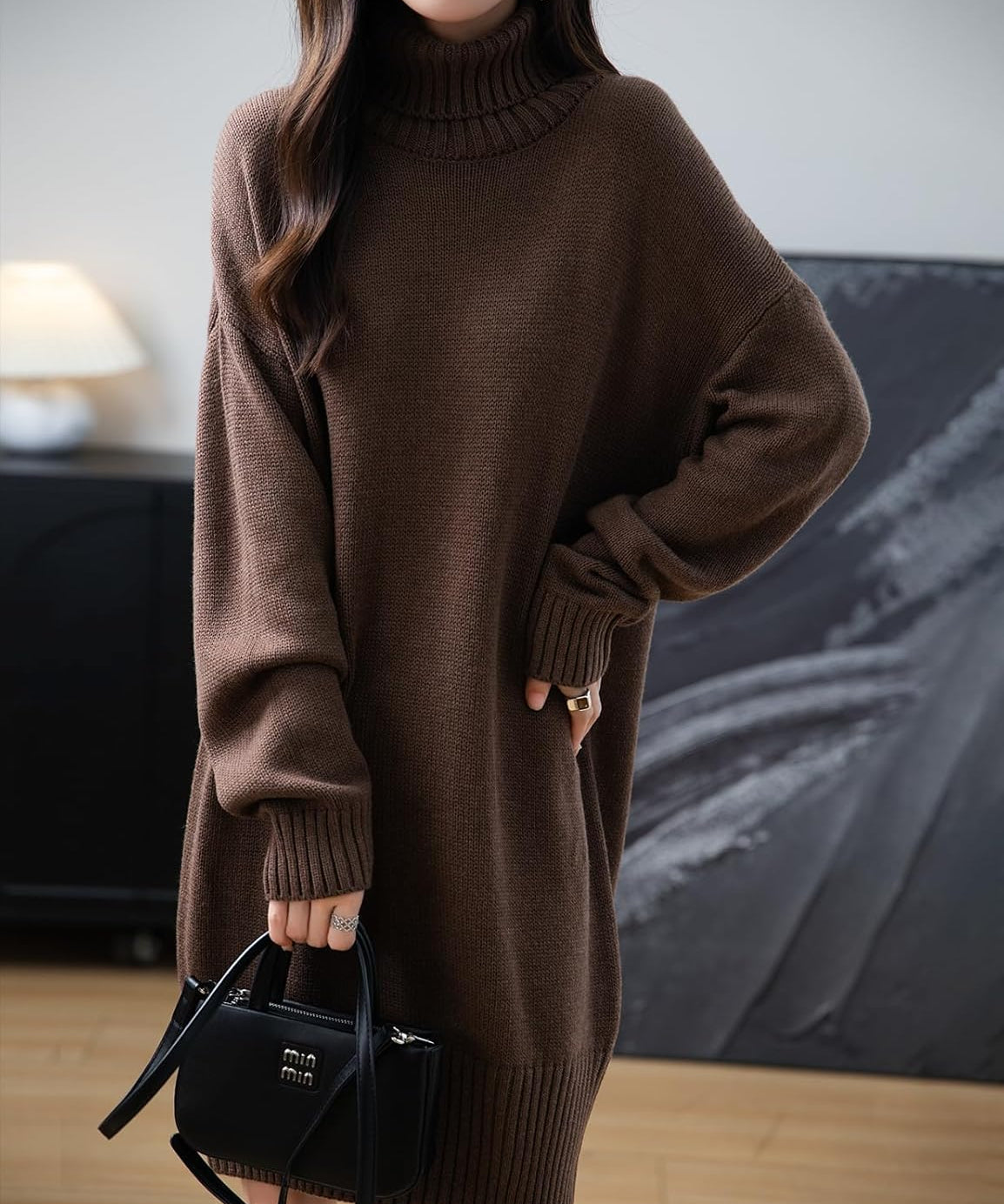 Merino Wool Blend Turtleneck Oversized Sweater Dress