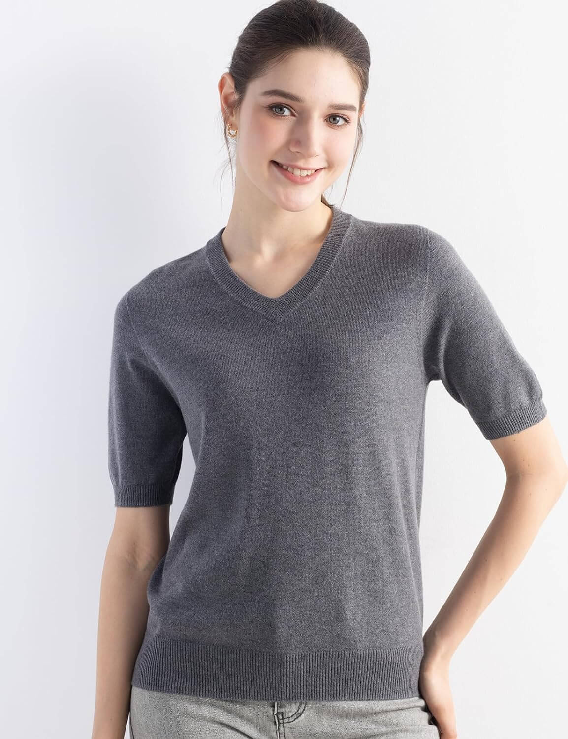 Merino Wool Blend V-Neck Short Sleeve Seamless Knit Sweater