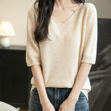 Women's V-Neck 100% Merino Wool Spring Fall Winter First-Line Ready to Wear Seamless Knit Shirt Short Sleeve Sweater