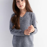 Girls 100% Merino Wool Sweater Fall Winter First-Line Ready to Wear V-Neck Long Sleeve Seamless Knit Pullover