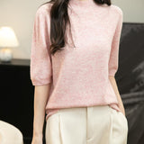 Women's 100% Merino Wool Spring Fall Winter First-Line Ready to Wear Seamless Knit Short Sleeve Mock Neck Sweater