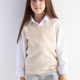 Girls 100% Merino Wool Sweater Vest V-Neck Sleevless 2025 Fall Winter Cable Tops Knitted Pullover Vest