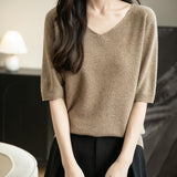 Women's V-Neck 100% Merino Wool Spring Fall Winter First-Line Ready to Wear Seamless Knit Shirt Short Sleeve Sweater