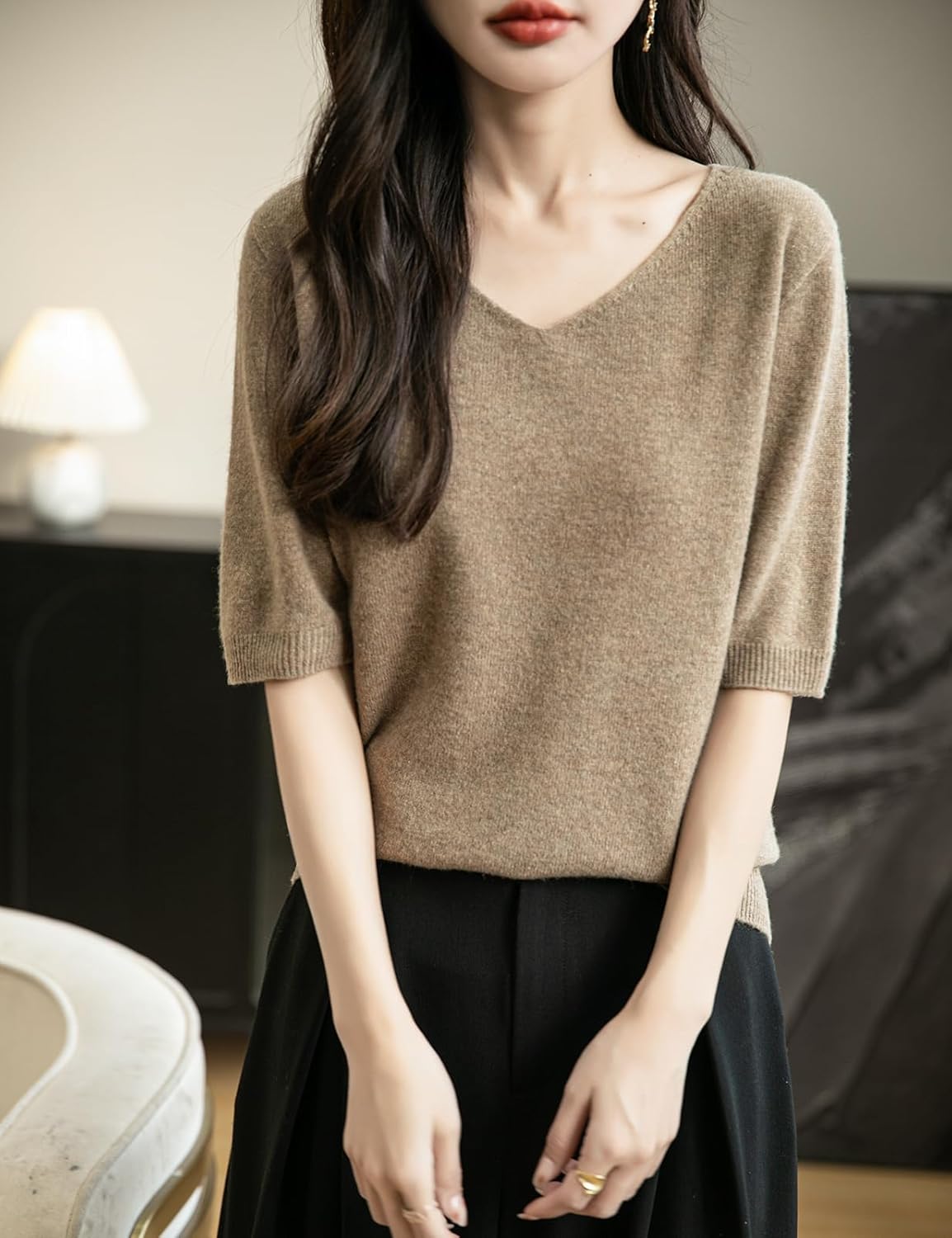 Women's V-Neck 100% Merino Wool Spring Fall Winter First-Line Ready to Wear Seamless Knit Shirt Short Sleeve Sweater