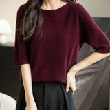 Women's 100% Merino Wool Spring Fall Winter First-Line Ready to Wear Seamless Knit Crewneck Short Sleeve Sweater