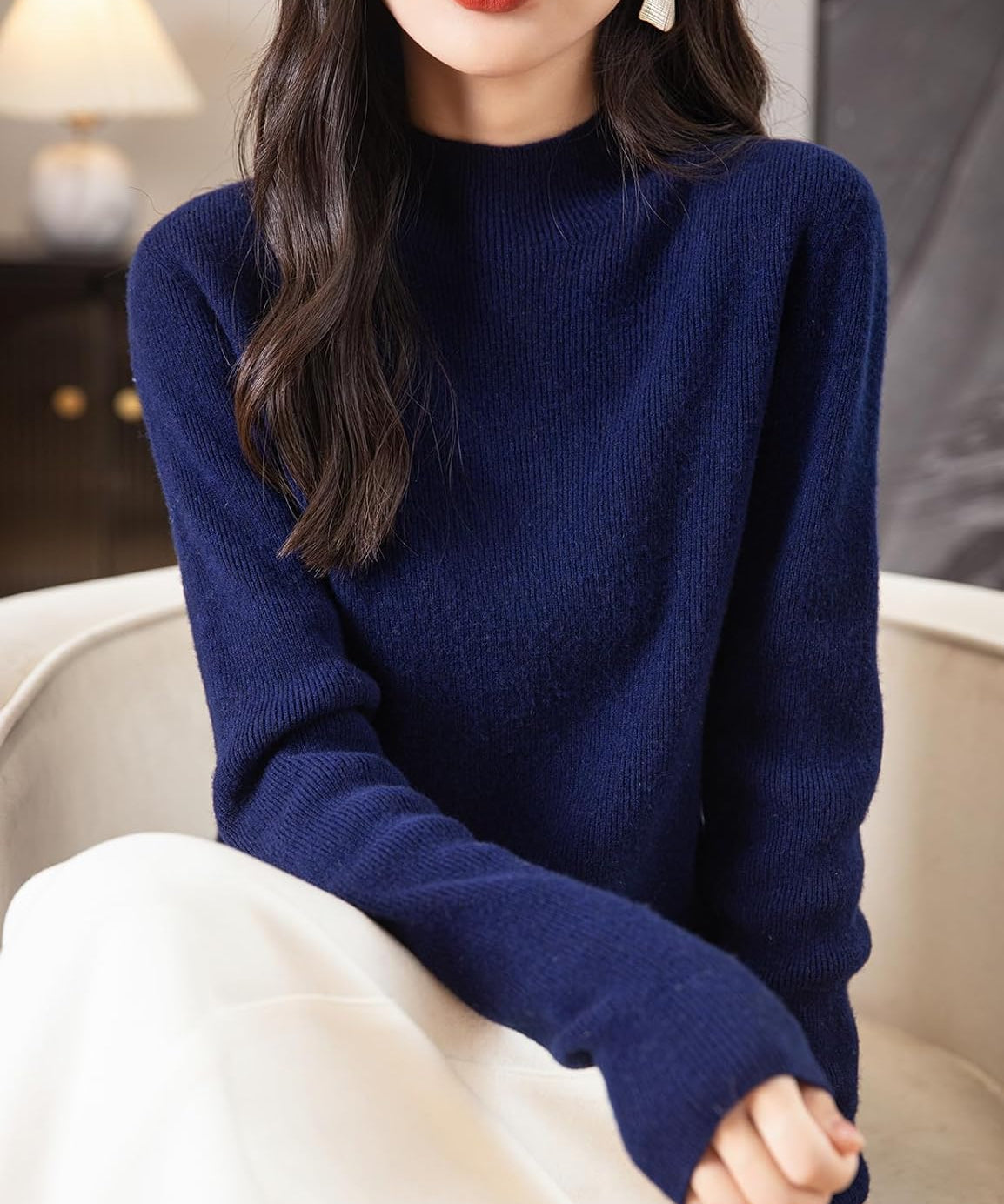 Women's 100% Merino Wool Seamless Ribbed Mock Neck Sweater