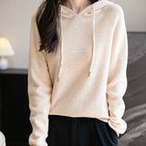 Women's Merino Wool Hoodies 2025 Fall Winter Casual Crewneck Sweatshirt Long Sleeve Knitted Sweater with Drawstring
