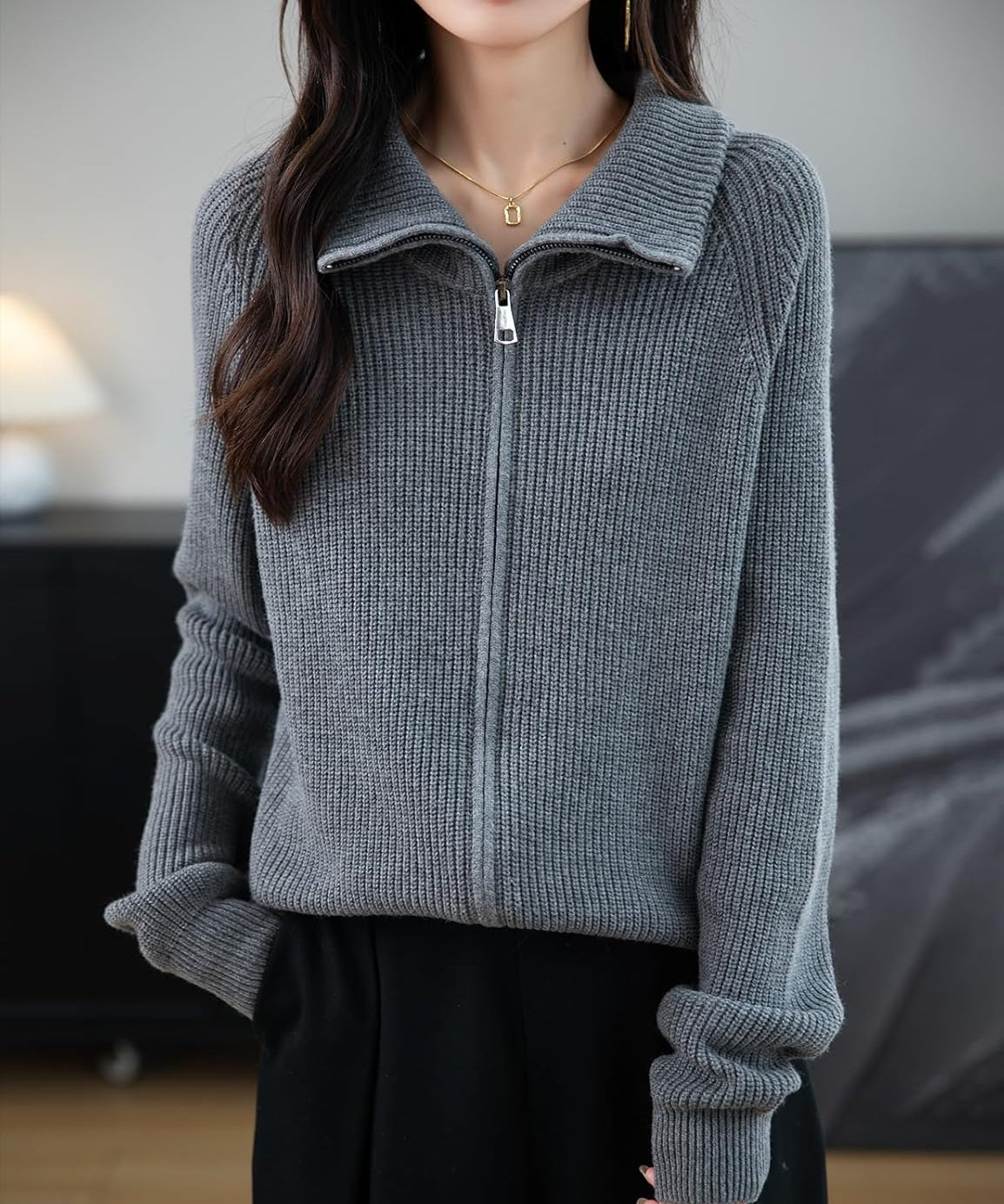 Merino Wool Blend Zipper Knit Sweatshirt Cardigan
