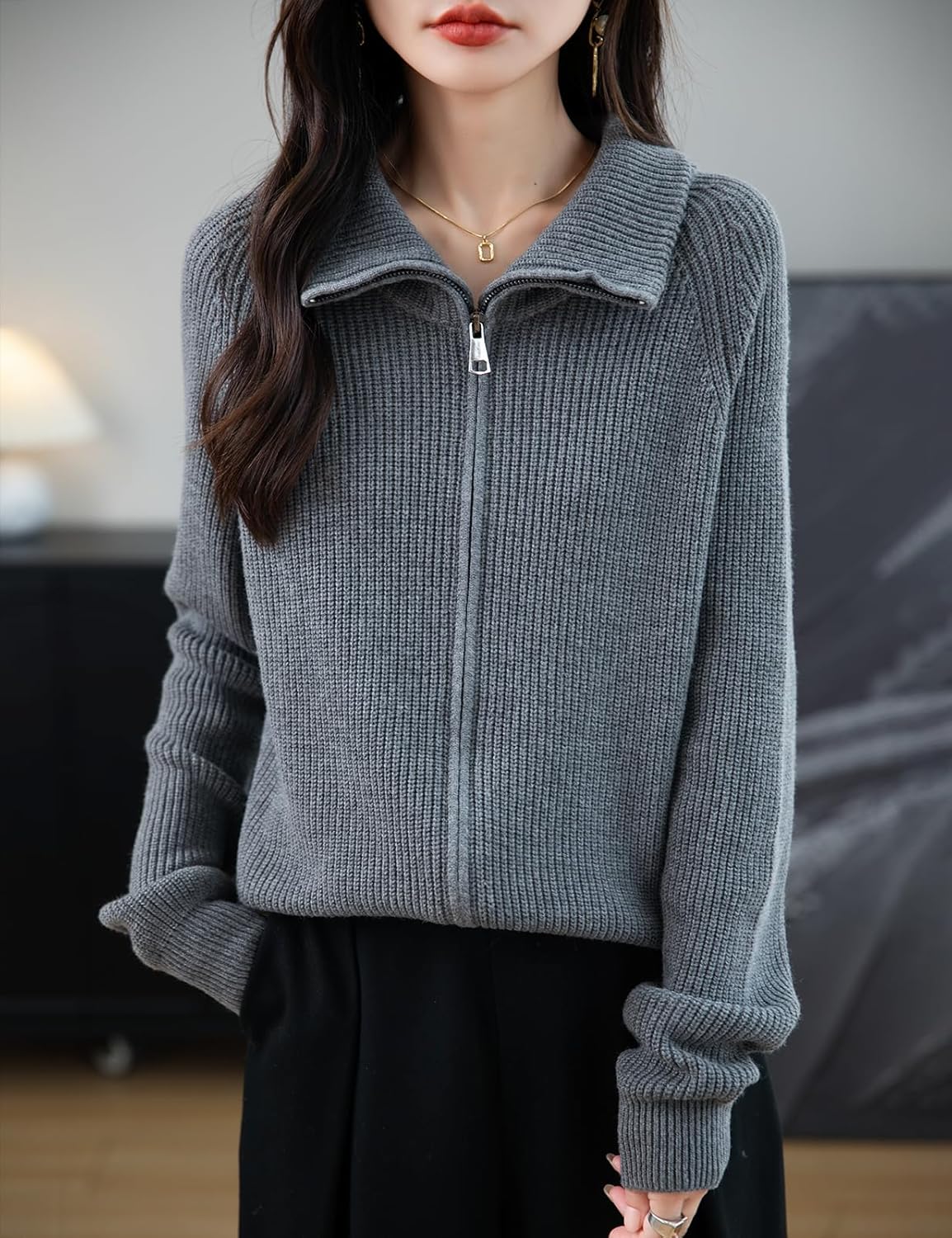 Merino Wool Blend Zipper Knit Sweatshirt Cardigan