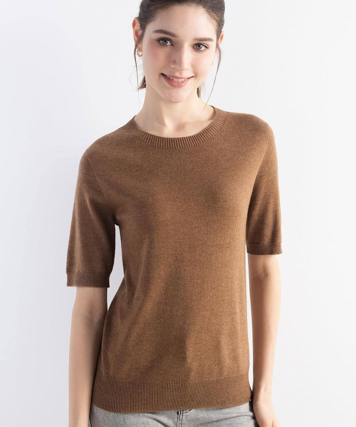 Merino Wool Crew Neck Short Sleeve Seamless Knit Sweater