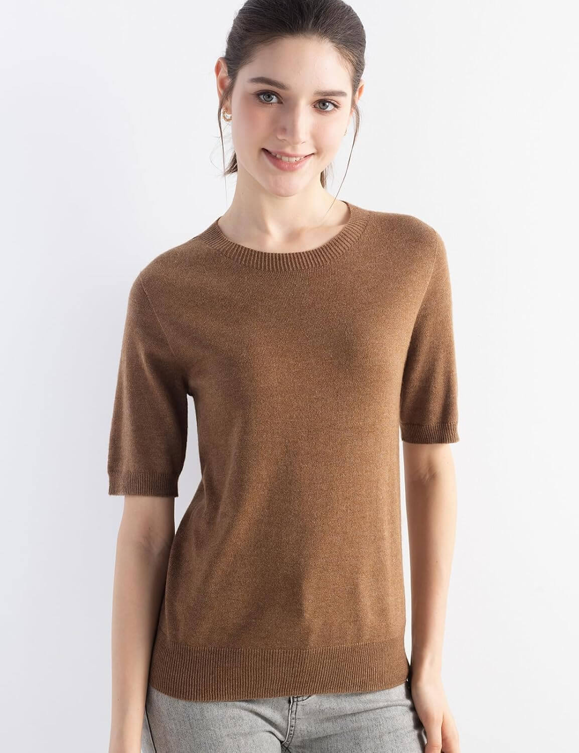 Merino Wool Blend Crew Neck Short Sleeve Seamless Knit Sweater