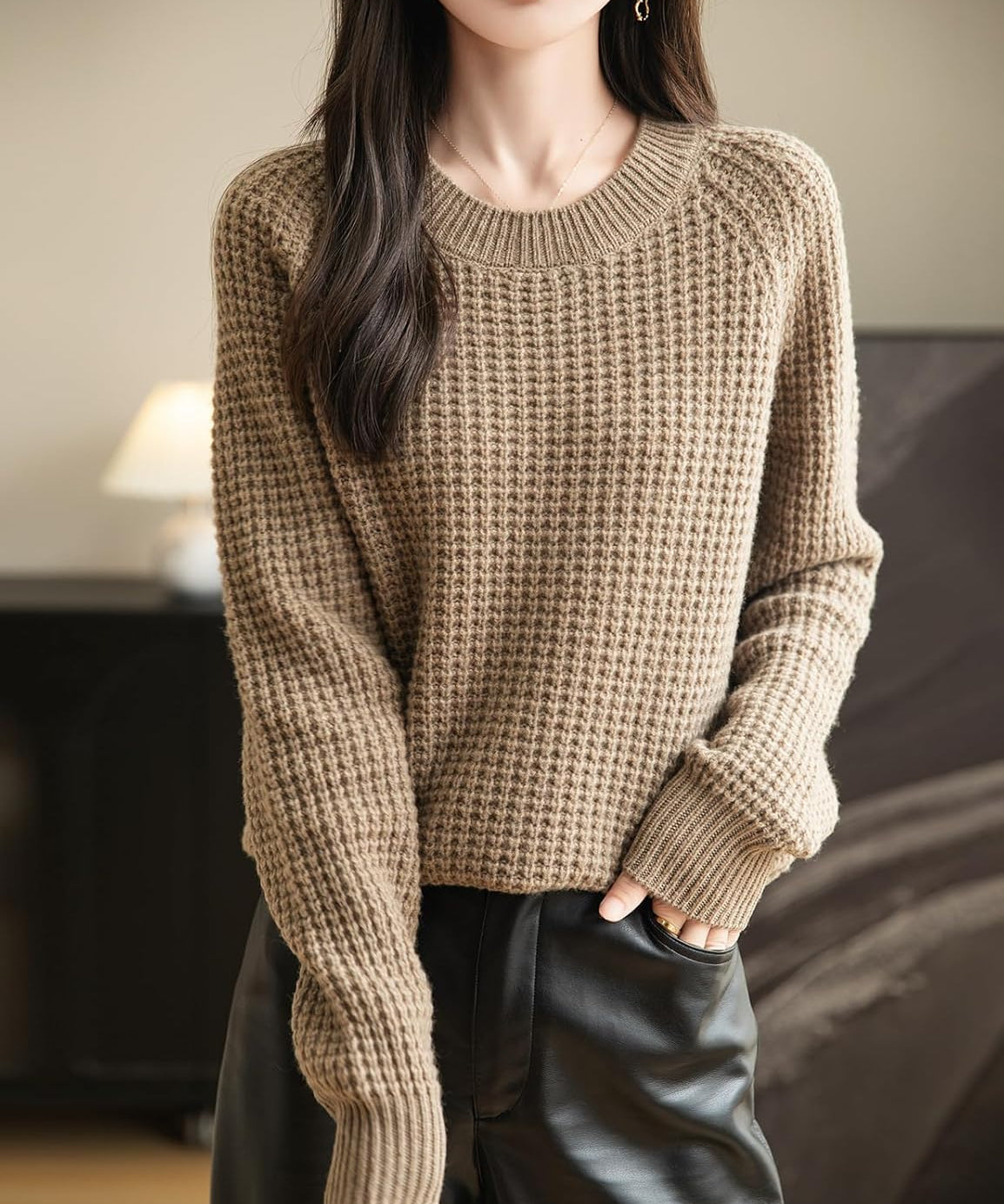 Chanyarn Merino Wool Waffle Knit Crewneck Sweater