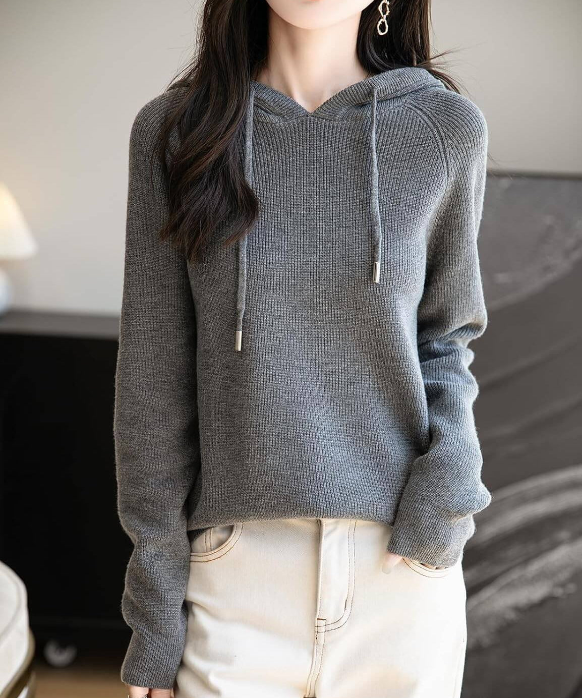 Merino Wool Crewneck Hoodie Knit Sweater