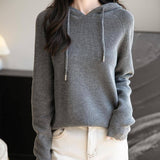 Women's Merino Wool Hoodies 2025 Fall Winter Casual Crewneck Sweatshirt Long Sleeve Knitted Sweater with Drawstring