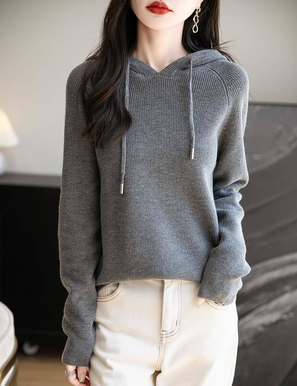 Women's Merino Wool Hoodies 2025 Fall Winter Casual Crewneck Sweatshirt Long Sleeve Knitted Sweater with Drawstring