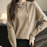Felpa con tasca a maniche lunghe in lana merino al 100% da donna 2025 inverno calda morbida a manica lunga a maglia con tasca