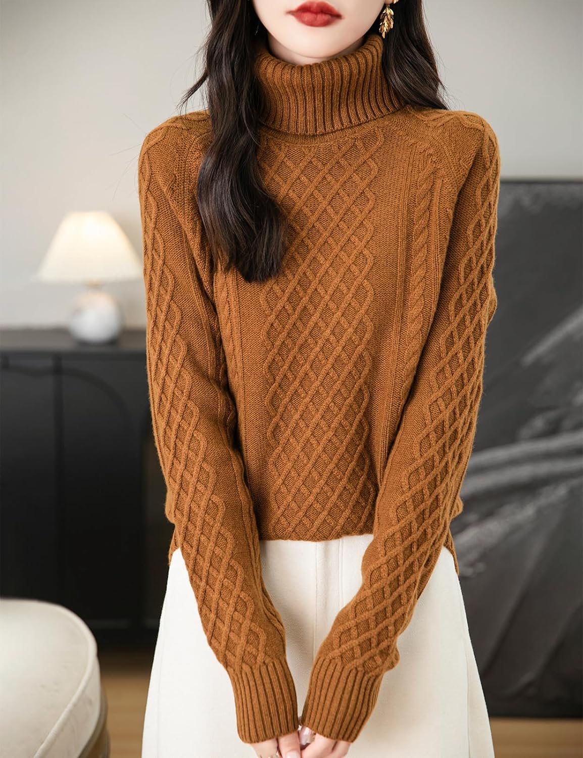 Chanyarn Women's 100% Merino Wool Turtleneck Sweater 2025 Fall Winter Vintage Cable Warm Soft Long Sleeve Knit Sweater