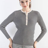 Women's Merino Wool Blend Sweater 2025 Fall Winter Crew Neck Striped Slim Fit Long Sleeve Knit Pullover with Button