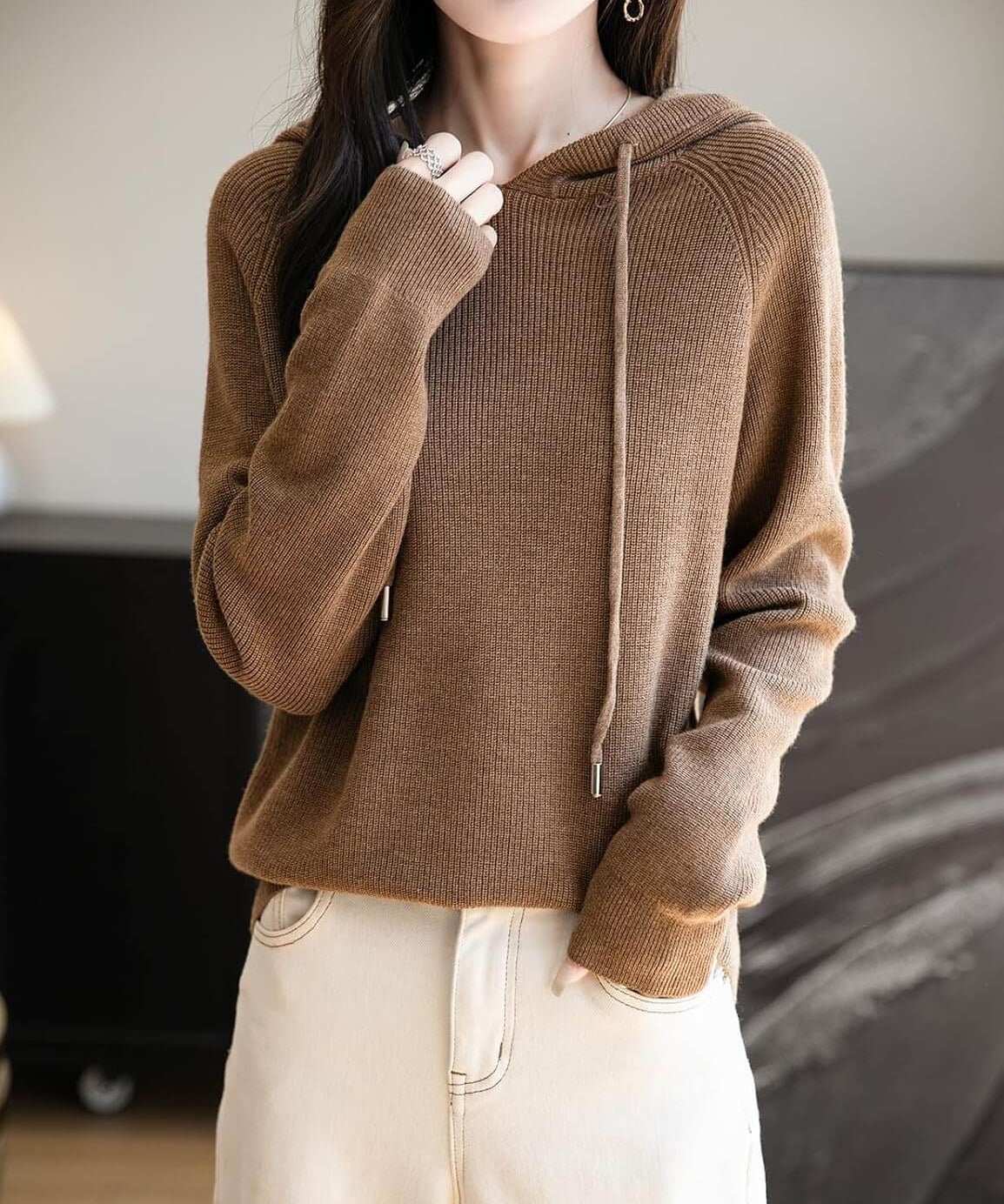Merino Wool Crewneck Hoodie Knit Sweater