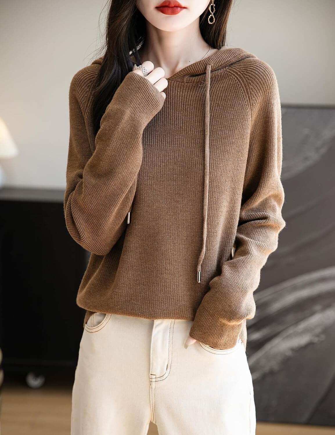 Women's Merino Wool Hoodies 2025 Fall Winter Casual Crewneck Sweatshirt Long Sleeve Knitted Sweater with Drawstring