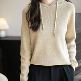 Women's Merino Wool Hoodies 2025 Fall Winter Casual Crewneck Sweatshirt Long Sleeve Knitted Sweater with Drawstring