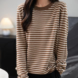 Frauen Merino Wollpullover 2025 Herbst Winter Casual Crew Hals gestreift