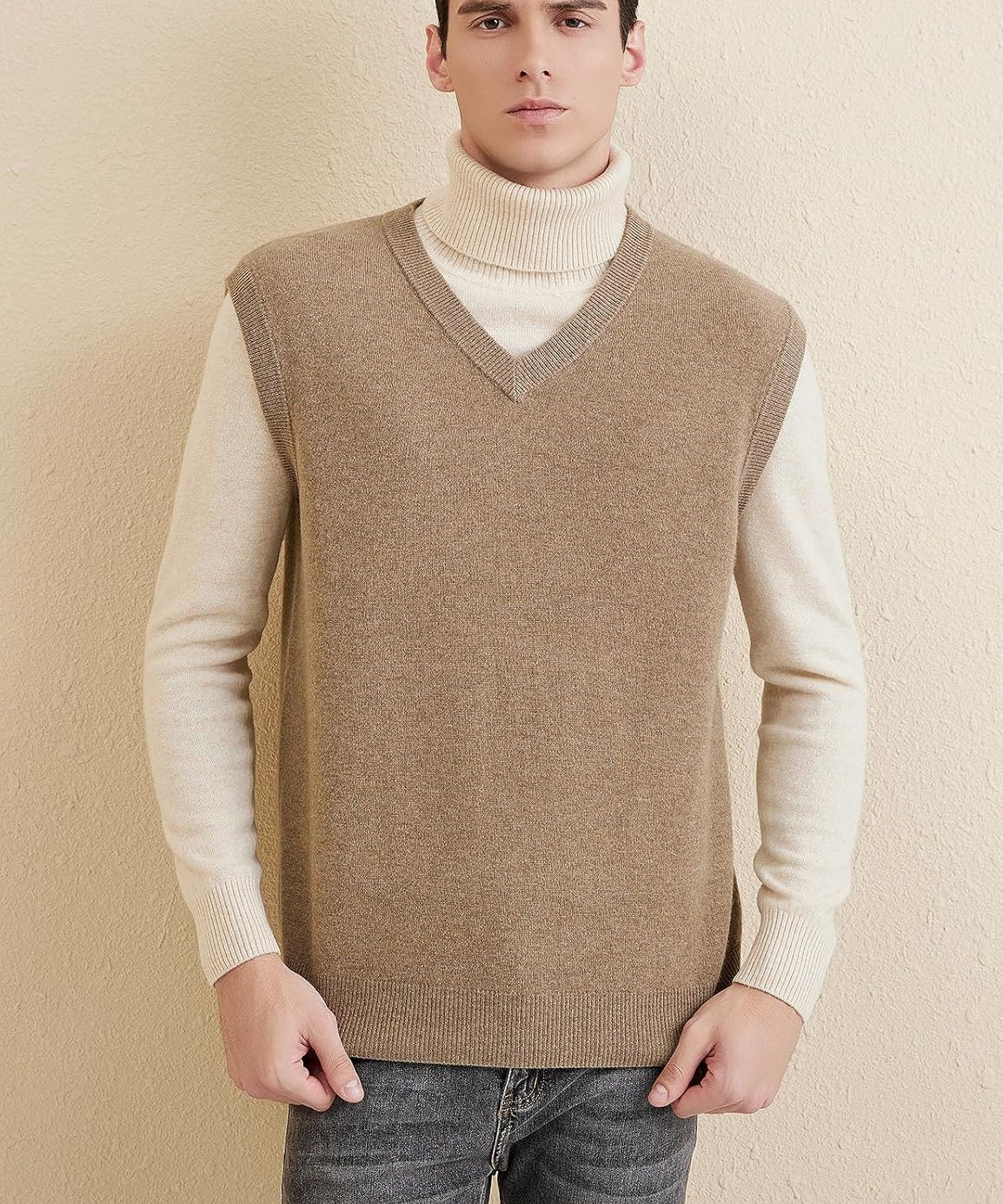 Men's 100% Merino Wool Sweater Vest 2025 Fall Winter Casual Solid V Neck Soft Sleeveless Knitted Sweater Vest