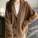 Women's Merino Wool Sweater V-Neck Ribbed 2025 Fall Winter Lapel Button Down Long Sleeve Knit Cardigan with Pocket
