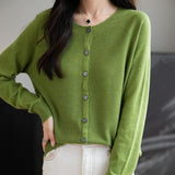 Women's Merino Wool Cardigan Crew Neck Fall Winter Long Sleeve First-Line Ready to Wear Seamless Knit Cardigan