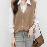 Women's 100% Merino Wool Sweater Vest 2025 Fall Winter V Neck Button Down Sleeveless Cable Knit Sweater Vest