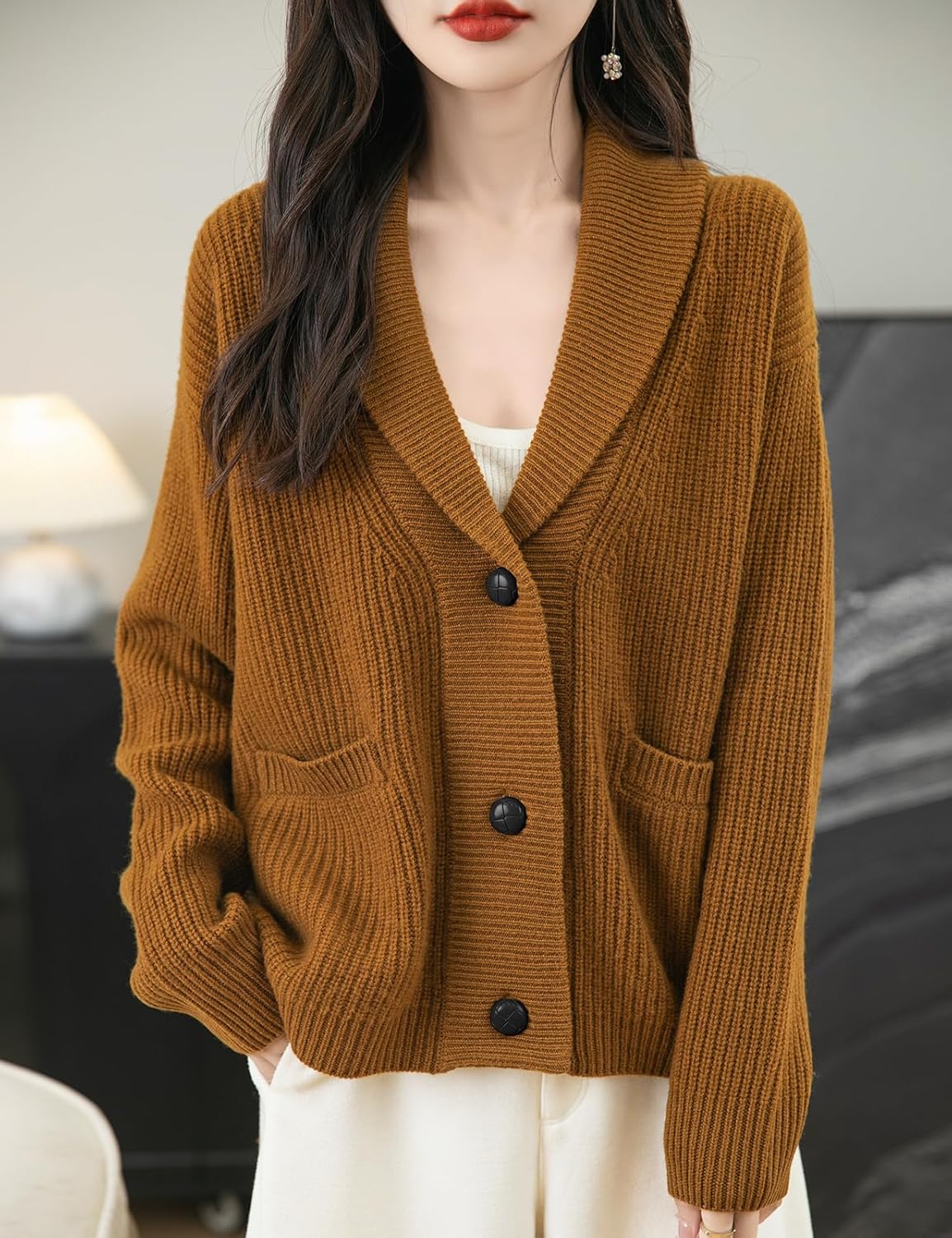 Chanyarn Women's 100% Merino Wool Sweater 2025 Fall Winter V Neck Lapel Button Down Long Sleeve Knit Cardigan with Pocket