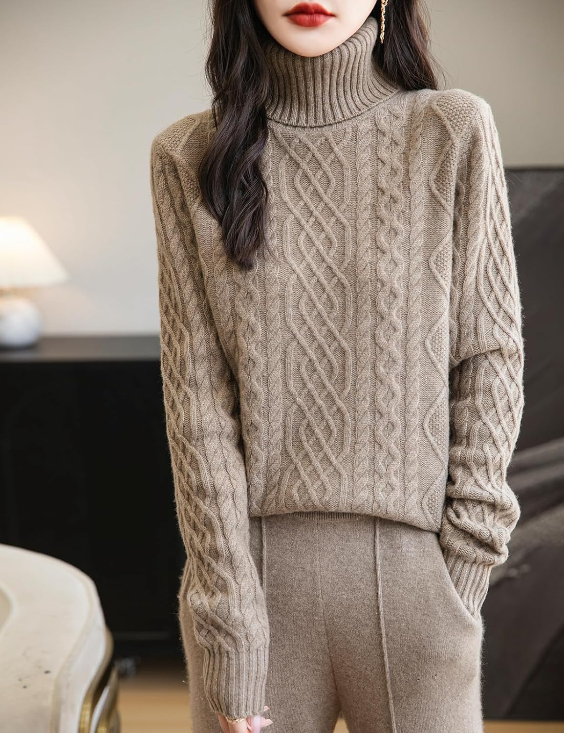 Chanyarn Women's 100% Merino Wool Sweater 2025 Fall Winter Turtleneck Vintage Warm Soft Long Sleeve Cable Knit Sweater