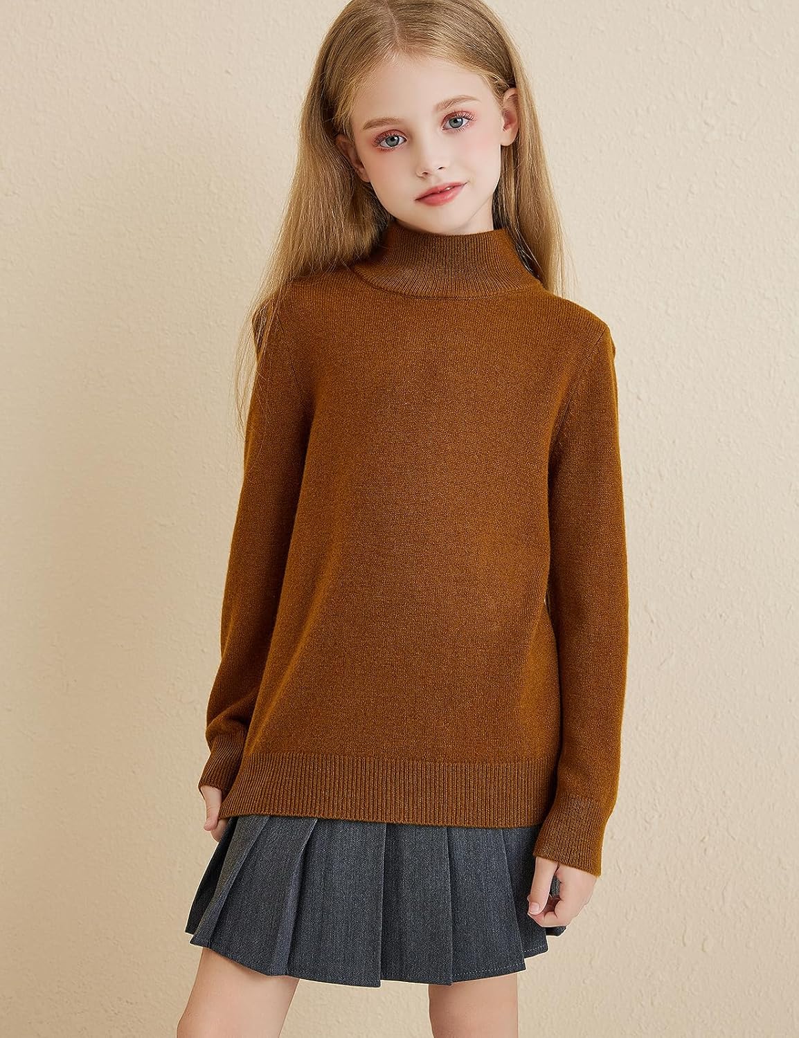 Girls 100% Merino Wool Sweater 2025 Fall Winter Kids Solid Mock Neck Warm Soft Long Sleeve Knit Pullover Jumper
