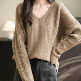 Chanyarn Women's V Neck 100% Merino Wool Oversized Sweater 2025 Fall Winter Vintage Cable Long Sleeve Knit Sweater