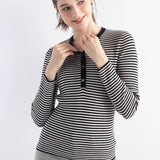Women's Merino Wool Blend Sweater 2025 Fall Winter Crew Neck Striped Slim Fit Long Sleeve Knit Pullover with Button