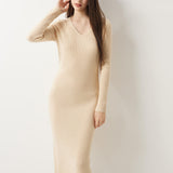 Abito maglione con scollo a V 30% cashmere 70% lana merino