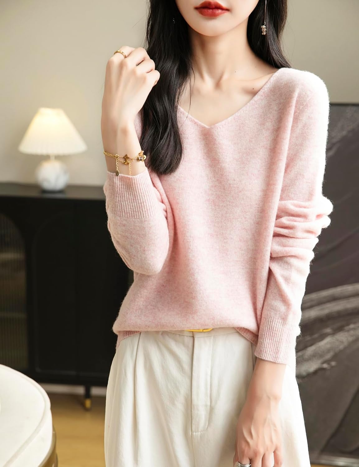 100% Merino Wool V-Neck Seamless Casual Sweater