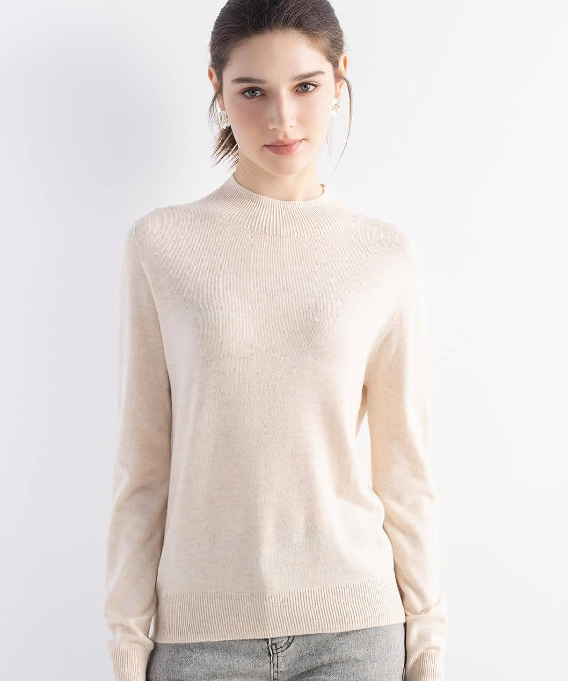 Merino Wool Mock Neck Seamless Knit Sweater