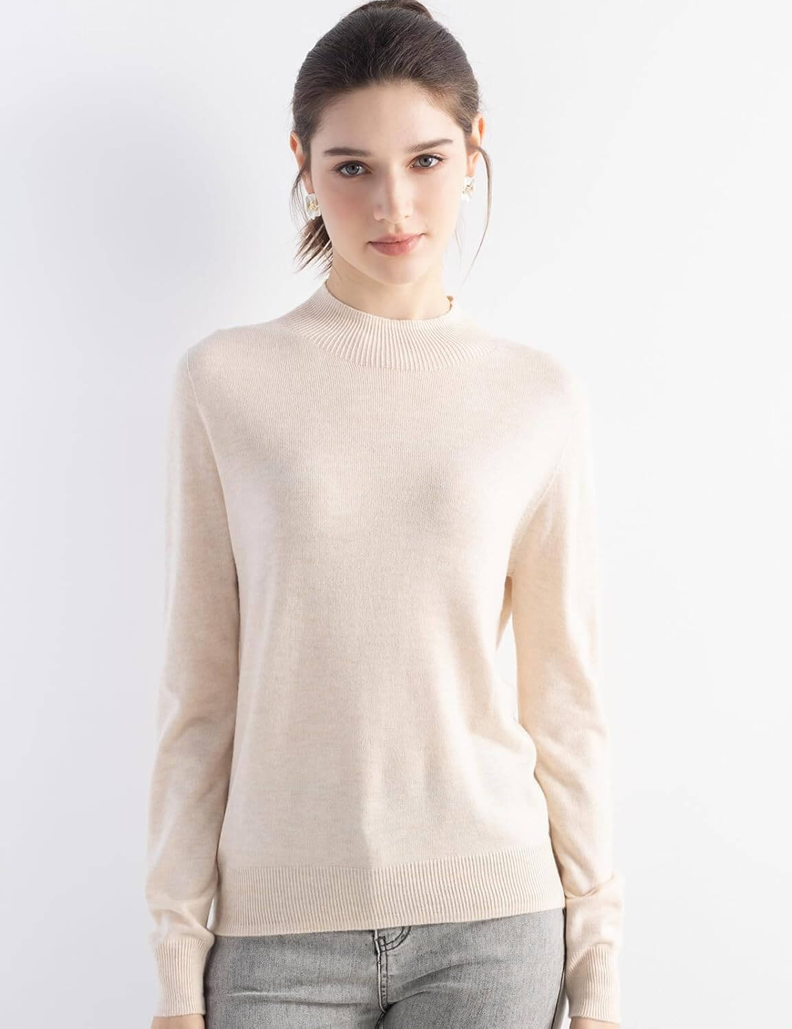 Merino Wool Blend Mock Neck Seamless Knit Sweater