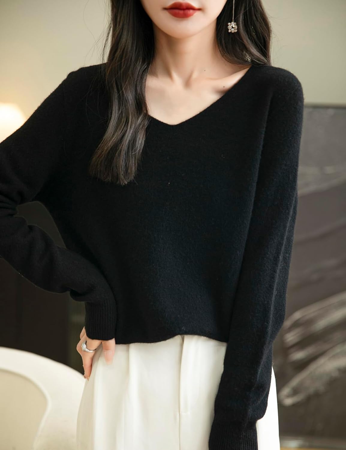 100% Merino Wool V-Neck Seamless Casual Sweater