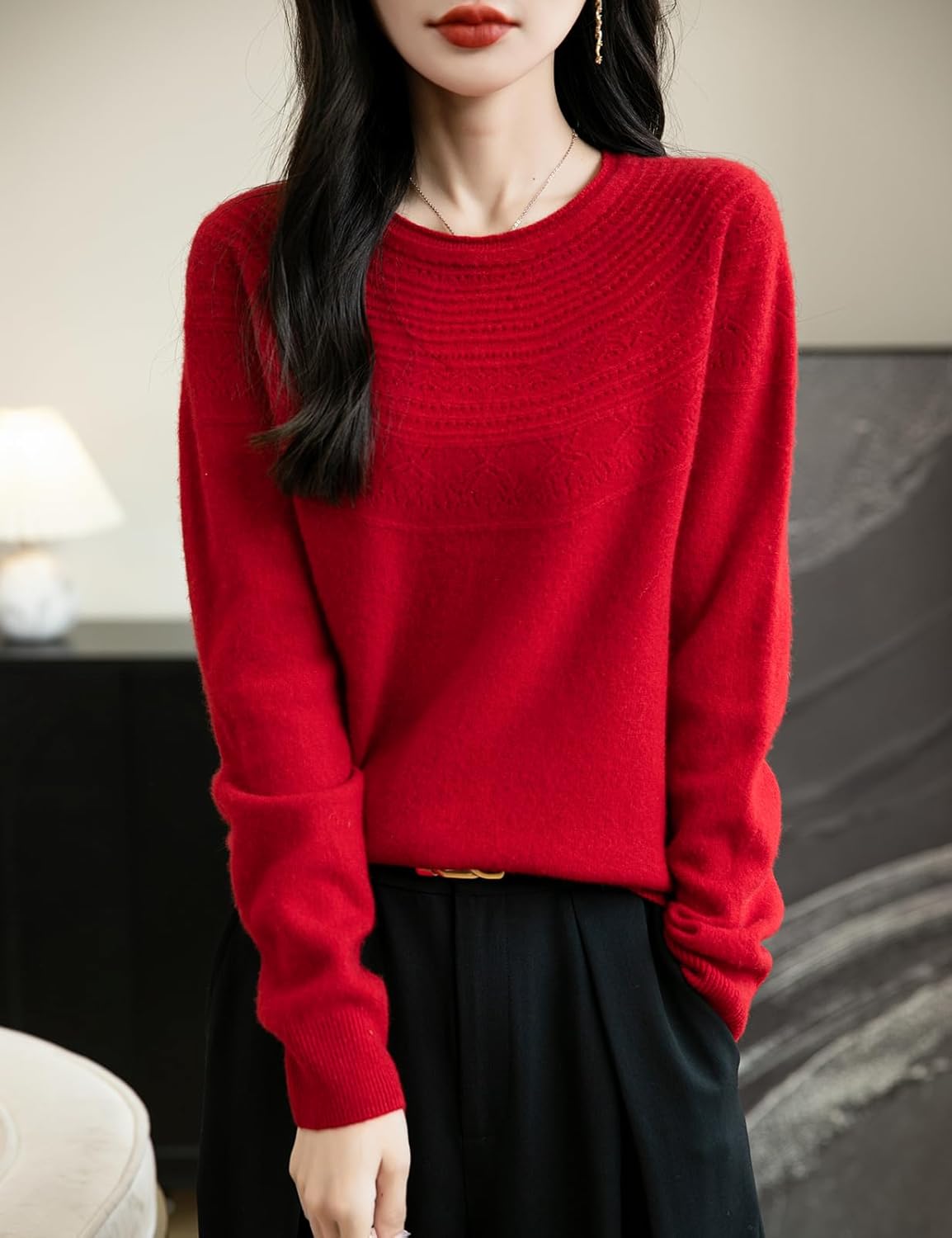 Women's 100% Merino Wool 2025 Fall Winter Crewneck First-Line Ready to Wear Long Sleeve Seamless Knit Sweater