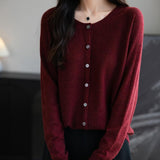 Women's Merino Wool Cardigan Crew Neck Fall Winter Long Sleeve First-Line Ready to Wear Seamless Knit Cardigan