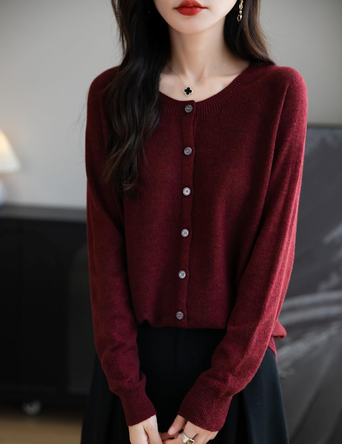 Women's Merino Wool Cardigan Crew Neck Fall Winter Long Sleeve First-Line Ready to Wear Seamless Knit Cardigan