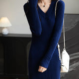 Women's Merino Wool Blend Sweater Dress Fashion 2025 Fall Winter Sexy V-Neck Slim Fit Long Sleeve Ribbed Knit Dress