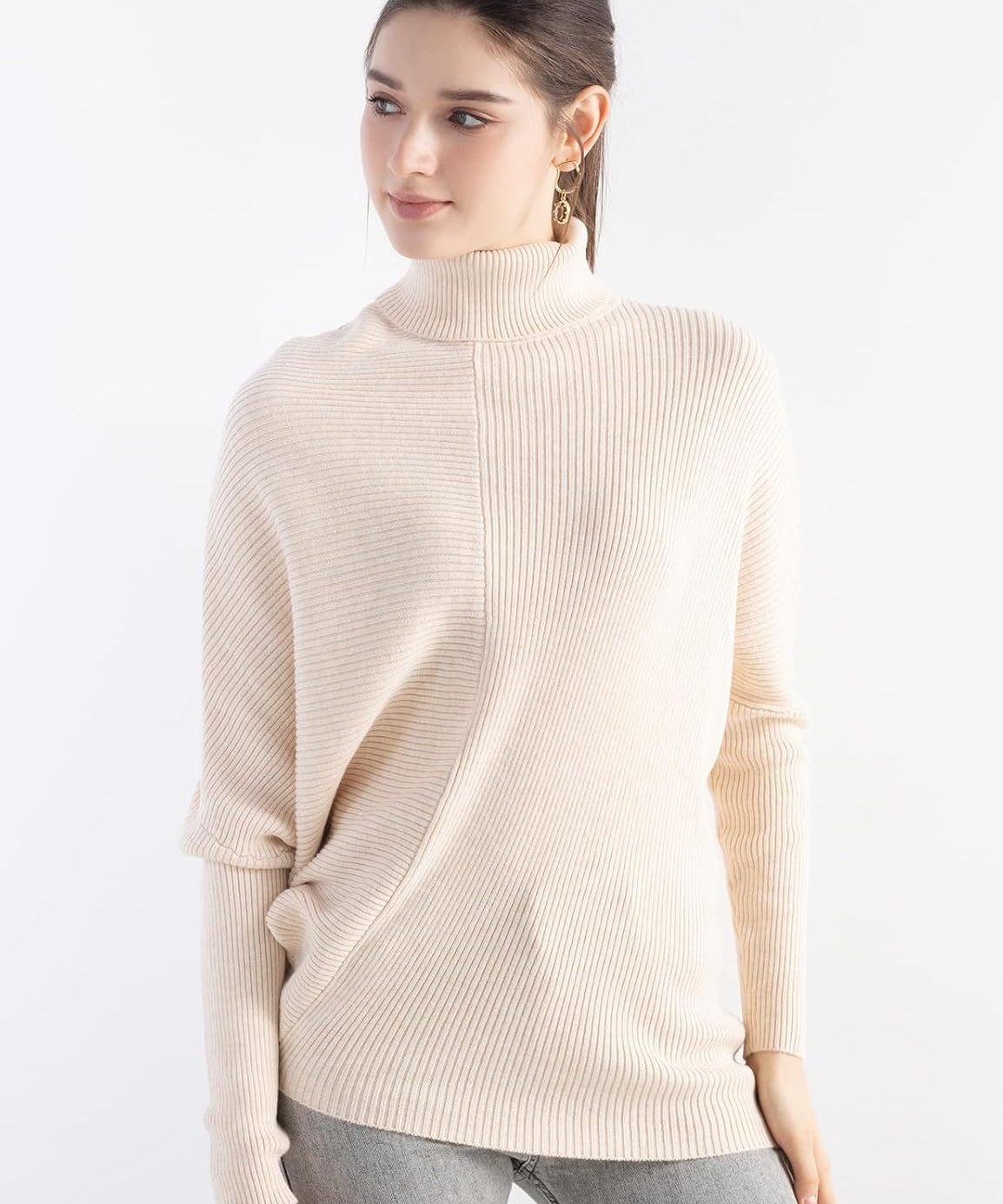Merino Wool Oversized Turtleneck Ribbed Batwing Knit Sweater