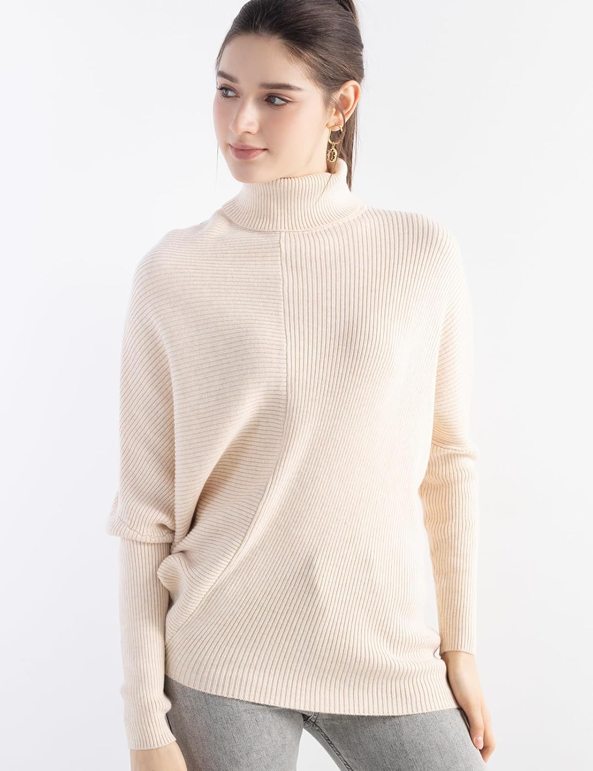 Women's Merino Wool Oversized Sweater 2025 Fall Winter Turtleneck Ribbed Batwing Sleeve Asymmetrical Knit Pullover
