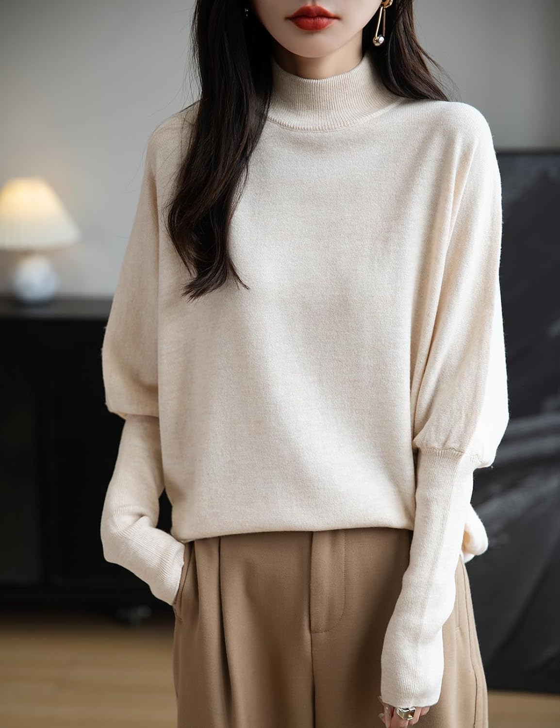Women's Merino Wool Blend Oversized Sweater 2025 Fall Winter Fashion Mock Neck Batwing Sleeve Knit Pullover Sweater