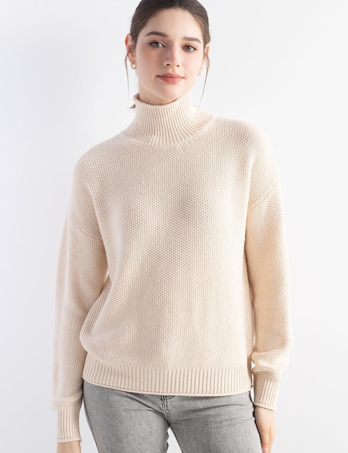 Women's Merino Wool Blend Sweater 2025 Fall Winter Mock Neck Loose Fit Long Sleeve Knit Pullover Sweater