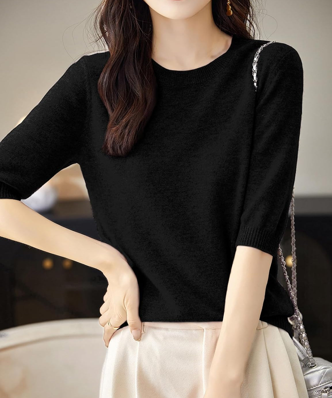 Chanyarn Women's 100% Merino Wool Sweater Crewneck Half Sleeve Tops Lightweight Spring Summer Sweater Knit Pullover