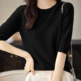 Chanyarn Women's 100% Merino Wool Sweater Crewneck Half Sleeve Tops Lightweight Spring Summer Sweater Knit Pullover